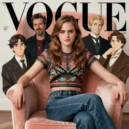 vogue magazine, elle magazine, anima emma watson sitting in peach chair, ilya kuvshinov, greg rutkowski, john singer sargent, anime, trending on artstation, intricate, crop top