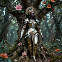 hyperrealistic post - renaissance cinematic super expressive! yoruba goddess with exoskeleton armor, merging with tree in a forest, pink orange flowers, highly detailed digital art masterpiece, smooth cam de leon eric zener dramatic pearlescent soft teal light, ground angle hd 8 k, sharp focus