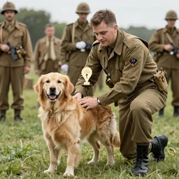 a golden retreiver being awarded for his service in wwii