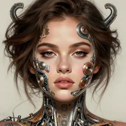 symmetry!! selena gomez, machine parts embedded into face, intricate, elegant, highly detailed, digital painting, artstation, concept art, smooth, sharp focus, illustration, art by artgerm and greg rutkowski and alphonse mucha, 8 k