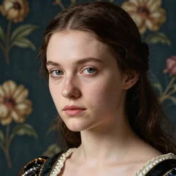 close - up portrait of beautiful androgynous young woman in renaissance dress, background with flowered wallpaper, art by annie leibovitz