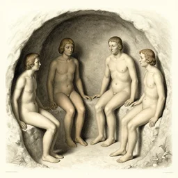 A vintage scientific illustration from the 1970s of humans forming caves with their bodies by Zdzisław Beksiński