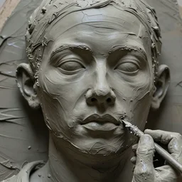 sculpting a human face from extremely wet, streaky lines clay
