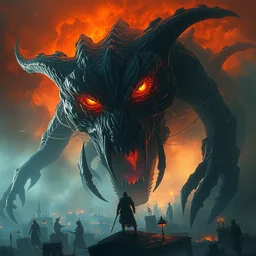 an eldritch monster descends from the sky over a city of lost souls, intense fiery eyes, huge teeth, dramatic lighting, cinematic, ultra detail, masterpiece by craig mullins, ruan jia, beksinski, jakub rebelka, daytoner, artgerm