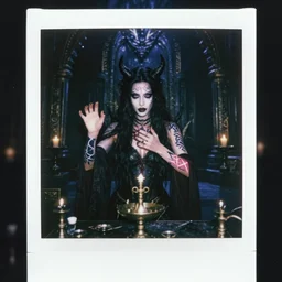 dark voodoo priestress with neon tattoo sigils performing a sacred ritual, dark eerie backdrop, realistic digital art, inside a dark evil temple, polaroid pic by hyperrealism