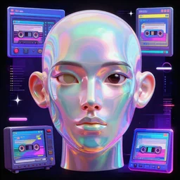 humanoid face 3 d glossy 3 d model human dynamic palette knife oil paintings non binary model made of holographic texture holographic glossy iridescent 3 d texture render in aesthetic vaporwave sci - fi retro wave new retro old vhs windows 9 5 8 0 s synthwave cassette futuristic anime style