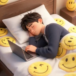 a programmer sleeping on a bed of smiley faces, high definition, ultra realistic, photorealistic 3 d render