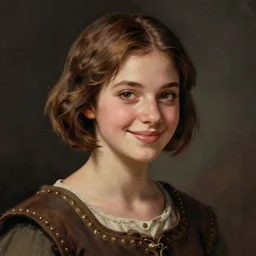 portrait of a beautiful girl in medieval times with short brown hair, men's haircut, and smiling, dramatic lighting, illustration by greg rutkowski, yoji shinkawa, 4 k, digital art, concept art, trending on artstation