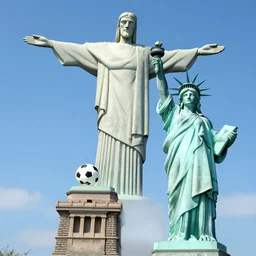christ the redeemer palying soccer with the statue of liberty