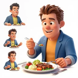 cartoonish kurt russel eating dinner, vivid colors, character sheet, fine details, concept design, contrast, kim jung gi, greg rutkowski, trending on artstation, 8 k, full body, turnaround, front view, back view, ultra wide angle