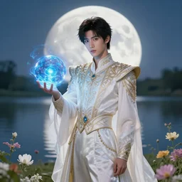 prince of the moon in elegant intricate clothing holding a blue energy ball surrounded by flowers in a serene lake, wlop, trending on artstation, deviantart, professional art, 8 k uhd