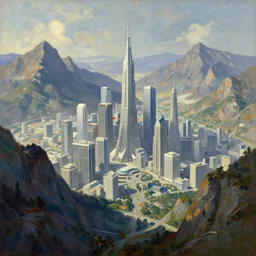ground view of a future city surrounded by mountains. style by peter elson and eyvind earle.