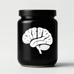 minimalistic logo of brain on black jar, advert