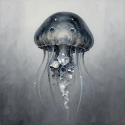 The chibi Black Jellyfish, chiaroscuro painting by  Huang Yuxing, very ethereal, oil inks, very ethereal, silver light, nacre colours, peaceful ambience