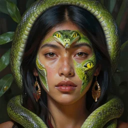 the ayahuasca vine plant spirit mixed with the face of a beautiful indigenous woman with green snake skin and yellow snake eyes, beautiful colors, matte painting, by christophe vacher