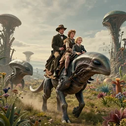 film still from a sci fi blockbuster movie made in 2022, set in 1860, of a family riding on the back of alien creatures, on an alien planet, across an alien landscape that is full of strange wild alien plants and flowers, family are wearing 1850s era clothes, cinematic lighting, 4k, in focus faces, good quality lighting, good quality photography, oscar winner
