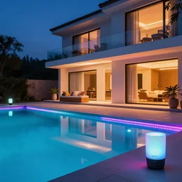 philips hue led strip lighting, swiming pool, scene, colourful, 8 k, unreal engine, realistic, house and home, luxury,