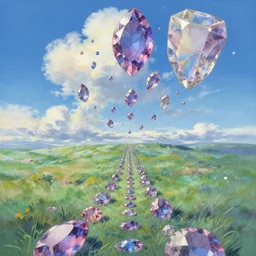 floating gemstones forming a pathway on the sky, landscape painting by chuck jones makoto shinkai