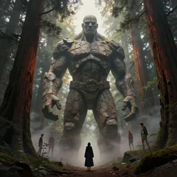 stone humanoid colossus by grzegorz rutkowski and richard wright and peter mohrbacher and dan scott, atmospheric haze, stormy, redwood forest, gigantic trees, tiny woman in cloak in foreground silhouette, large scale