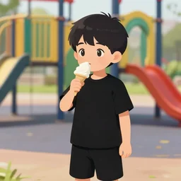 boy with ice cream in playground, black clothes, leyendecker artstyle, away from camera view