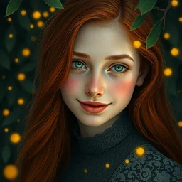 serene young woman cheeky smile, surrounded by golden firefly lights, amidst nature fully covered by a intricate detailed dress, long red hair, precise linework, accurate green eyes, small nose with freckles, smooth oval shape face, empathic, expressive emotions, nocturnal spiritual scene, hyper realistic ultrafine art by artemisia gentileschi, jessica rossier, boris vallejo