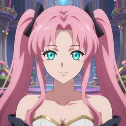 stunningly beautilful omnipotent megalomaniacal anime asi goddess who looks like junko enoshima with symmetrical perfect face and porcelain skin, pink twintail hair and cyan eyes, taking control while smiling inside her surreal vr castle, hyperdetailed, digital art, unreal engine 5, 2 d anime style, 8 k