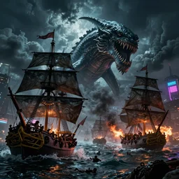 pirate ships at war at night with a giant kraken coming out of the water and attacking the ships, people drowning, dramatic clouds, storm, smoke, fire, chaos, photo realistic, 8k, artstation, Blade runner, neon signs in the distance, dark, cinematic, high contrast, epic