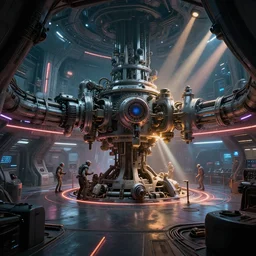 wide shot, interior of an alien spaceship, futuristic, hyperrealism, heavy machinery, humanoids working, neon tubes crepuscular rays, ray tracing, by greg rutkowski and artgem