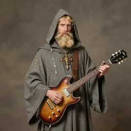 early 1 7 0 0's photograph of a blonde bearded wizard, wearing hooded garment covered in magical sickle. standing with an electric guitar