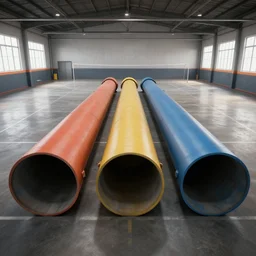 a sportshall. in the distance 3 giant pipes come out of the floor with the opening towards us. each pipe has a different color. unreal engine