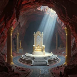 concept art of magnificent palace by barlowe wayne, greg rutkowski and gustave dore. a winding road to fantasy cave palace of bad omens!! a beam of light fell on the stone throne!! 3 d, ultra clear detailed. octane render. 8 k. dark red, light grey blue and golden