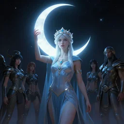 artemixel, the modern reincarnation of the old selenium greek god of hunt, also known as artemis the selene, carrying the celebrated crown of the crescent moon wich its usual bright and slightly bluish crescent like the brightness of the night, by alex gray and android jones, karol bak, ilya golitsyn, ayami kojima, amano, sci - fi, moebius, concept art, character design, modern mithology, 3 d, 8 k resolution