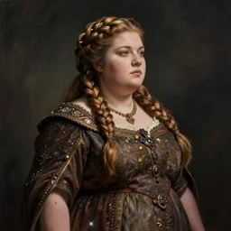 female dwarven noblewoman, chubby short stature, braided intricate hair, by dmitry khrapovitsky