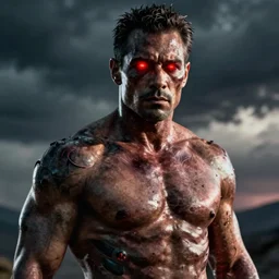 danny trejo as the terminator with massive battle damage, glowing red eyes, emotionless