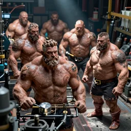 assembly line of burly hairy cloned strongmen
