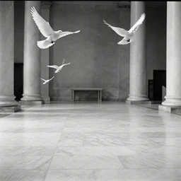 movie still of a gigantic marble hall with several white doves flying, cinestill 8 0 0 t black and white, by andrei tarkovsky, by piranesi, by magritte very heavy grain, high quality, high detail, ultra wide lens, sharpness, flares, anamorphic, foggy, mud, rain