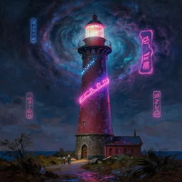 a beautiful detailed painting of building lighthouse by jacob van ruisdael, magic realism neon noir hyperrealism cosmic neon signs uv light azeroth, archdaily, wallpaper, highly detailed, trending on artstation.
