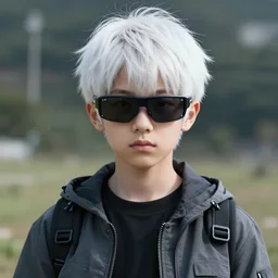 beautiful full portrait of a boy, white hair, symmetrical face + wearing cyberpunk glasses, streetwear, like a fashion model + high detailed, resolution beautifully detailed landscape trending on artstation 8 k, cinematic, epic detailed trending on artstation 8 k, by bukurote + krenz cushart + ryota - h + wlop