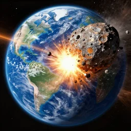 an artist's rendering of an asteroid a few kilometers across colliding with the earth. such an impact can release the equivalent energy of several million nuclear weapons detonating simultaneously.