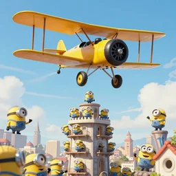 Dastardly Dan flying biplane into a tower full of minions