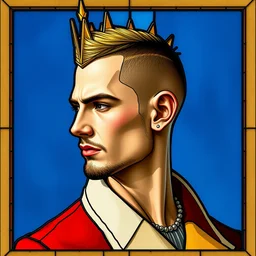 beautiful and detailed portrait of a 3 0 year old man, profile view, side view, stern and confident, he is wearing a slim golden crown with short spikes, buzzcut, stubble, red coat with white collar, stained glass art, by alphonse mucha, blue background, very masterful