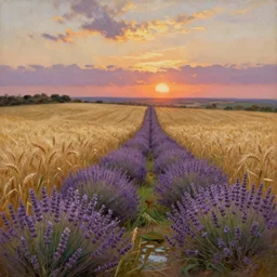 beautiful landscape of wheat fields, lavender, grass and water, extremely high detail!!!, hyperrealistic oil painting, warm colors, sunset, by john constable