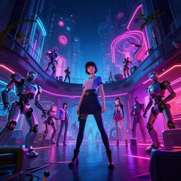 interior shot, ready player one, apartment , nightime , scifi futuristic  neon , robots  , women  , neon lights, james gurney, katsuhiro otomo, james paick, cinematic lighting, artstation, vibrant nature, anime style, Craig Mullins, Greg Rutkowski, Pete Morbacher, Tuomas Korpi, tekkon kinreet, volumetric light, artstation, , octane render, redshift render, low  angle camera, HDRI