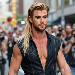 Chris Hemsworth thor as a drag queen makeup, gay parade background, cinematic shot, 8k resolution, hyper detailed