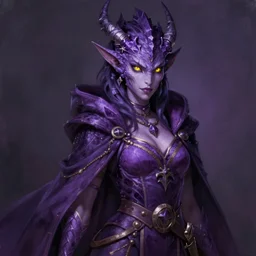 ferocious purple female dragonborn, wearing a cape, wizard robe, sinister and stylish, pretty, beautiful, yellow eyes!!!, dnd character art portrait, matte fantasy painting, deviantart artstation, by jason felix, by steve argyle, by tyler jacobson, by peter mohrbacher, cinema