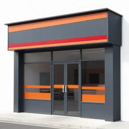 Award winning shopfront, convenience store, dark grey, anthracite with bright red and orange accents, perforated metal, paint, laser cut textures, highly detailed, bright signage, vinyl on glazing, retaildesignblog.net, retail-focus.co.uk, trending, best of, 14mm architectural photography,