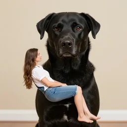 a black dog holding a small woman