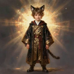 Full body portrait of a cute mage in his twenties with cat ears. Art by Greg Rutkowski and Alphonse Mucha