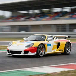 a picasso color porsche 9 1 1 carrera gt le mans in shape of silvia rocket bunny edition, race track background, long shutter speed, retro style, modern car design, 8 k resolution, hasselblad photo
