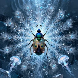 symmetrical insect, peacock. intricate, centered, amazing composition by amano yoshitaka, by rembrandt, illustrious makinami, digital art, digital painting, artstation trending, unreal engine, fractal flame, transparent jellyfish, transparent feathers, bio luminescent, ice, water